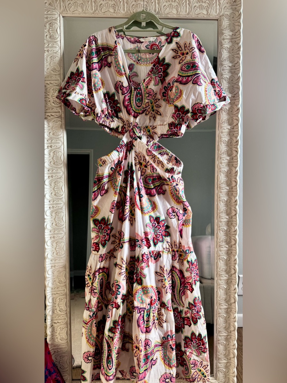 Zara White Cotton Maxi Dress with Pink & Green Paisley Print